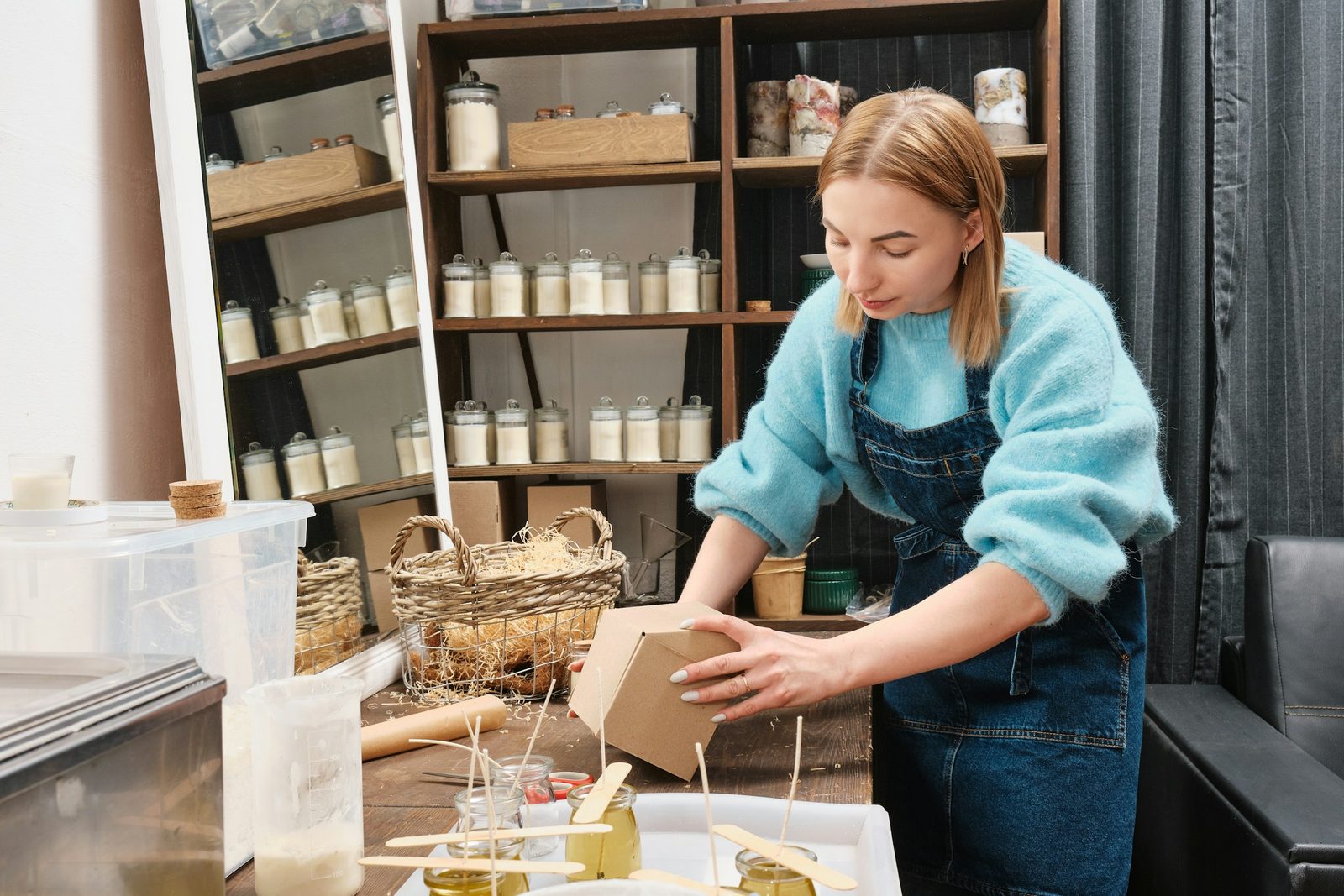 Founder packing branded product orders at a small studio